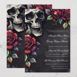 Elegante Gotische Schedel & Rozen Bruiloft Kaart