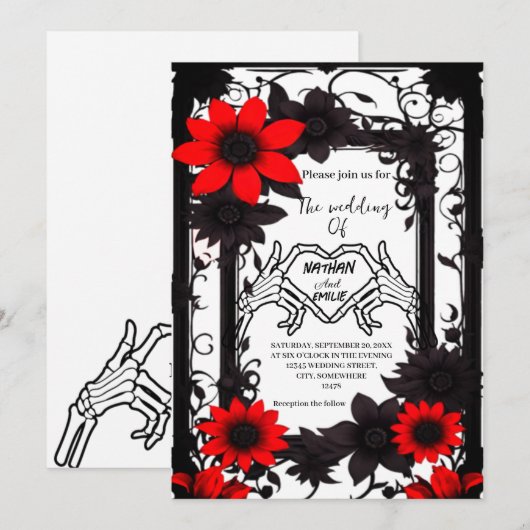 Elegante gotische skelet rode en zwarte bruiloft kaart (Voorkant / Achterkant)