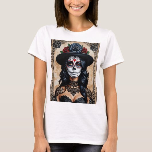 Elegante Gotische Suikerschedel Dag van het Dode T T-shirt (Voorkant)