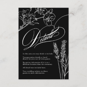 Elegante Gotische Trouwdetails met Wilde Bloemen Informatiekaartje