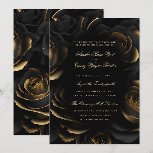 Elegante Gotische Zwart & Gouden Rozen Bruiloft Kaart (Voorkant / Achterkant)