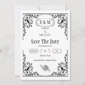 Elegante gotische zwart-wit bruiloft monogram save the date (Voorkant)