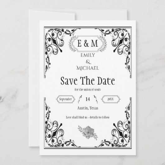 Elegante gotische zwart-wit bruiloft monogram save the date (Voorkant)