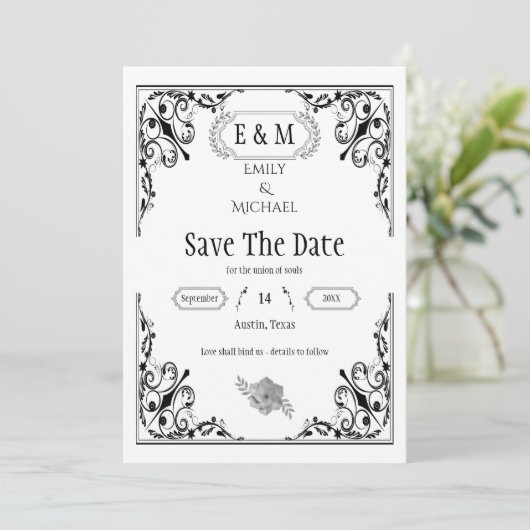 Elegante gotische zwart-wit bruiloft monogram save the date (Staand voorkant)