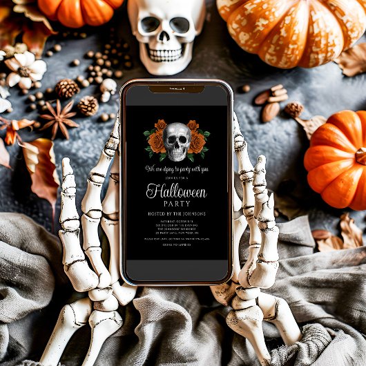 Elegante Gotische Zwarte Bloemen Schedel Halloween Kaart