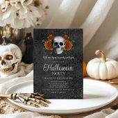 Elegante Gotische Zwarte Bloemen Schedel Halloween Kaart