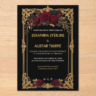 Elegante Gotische Zwarte Roze Gouden Trouw Uitnodi Acryl Uitnodigingen