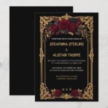 Elegante Gotische Zwarte Roze Gouden Trouwuitnodig