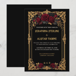 Elegante Gotische Zwarte Roze Gouden Trouwuitnodig Kaart