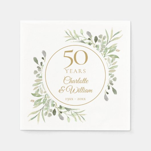 Elegante goud 50ste verjaardag waterverf groen servet (Voorkant)