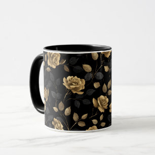 Elegante Goud Accent Roos Zwart Bloemmotief Mok