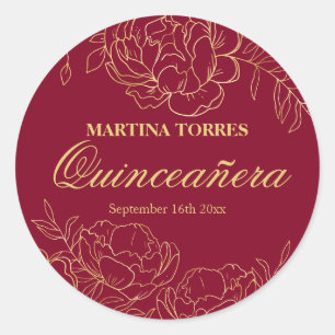 Elegante Goud Bourgondië Rode Bloemige Quinceanera Ronde Sticker