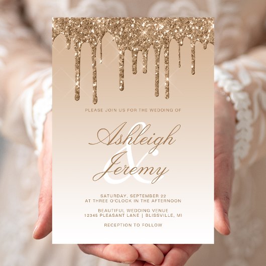 Elegante Goud Druppelende Glitter Script Bruiloft Kaart