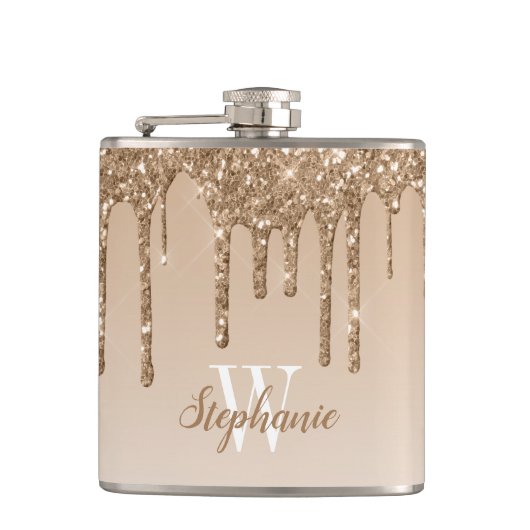 Elegante Goud Druppelende Nep Glitter Monogram Heupfles (Voorkant)
