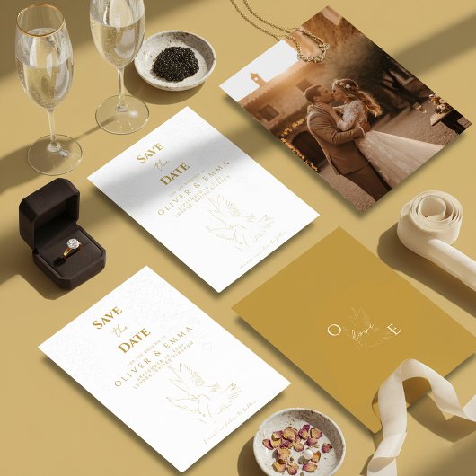 Elegante goud duif save the date kaart