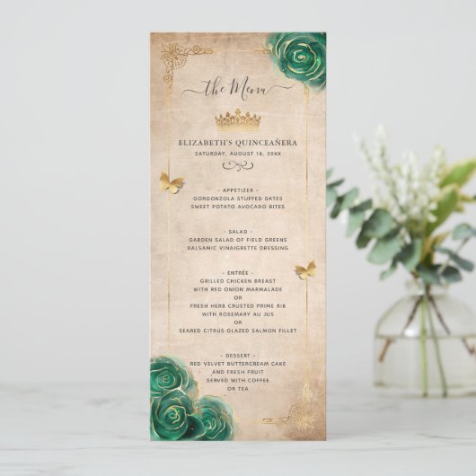 Elegante Goud en Groene Rozen Aquarel Bloemen Menu (Staand voorkant)