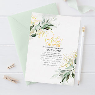 Elegante goud en salie groen boho bruidsdouche folie uitnodiging