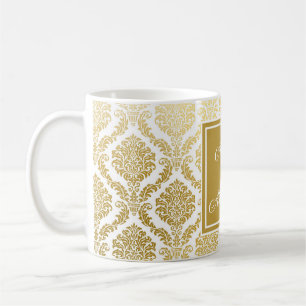 Elegante Goud en Witte Damast Gepersonaliseerde Koffiemok