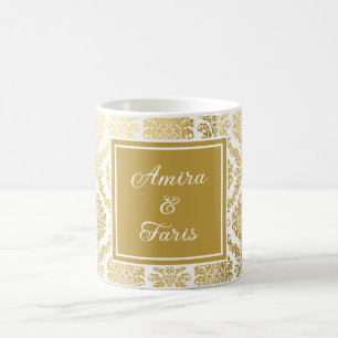 Elegante goud en witte damast gepersonaliseerde  koffiemok