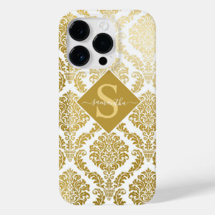 Elegante Goud en Witte Damast Print Persoonlijk Case-Mate iPhone 14 Pro Hoesje