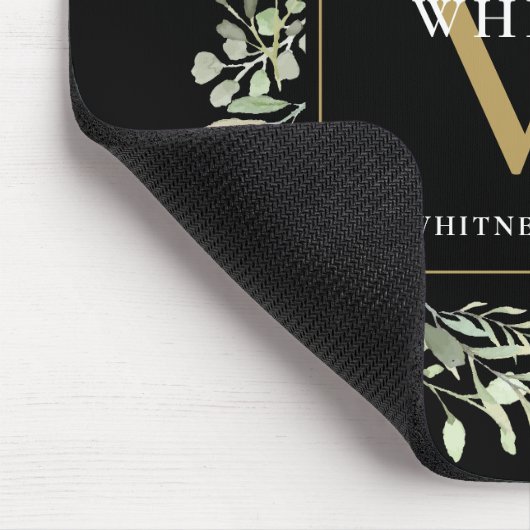 Elegante goud en zwarte monogram groene bloemen muismat (Hoek)