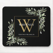 Elegante goud en zwarte monogram groene bloemen muismat (Voorkant)