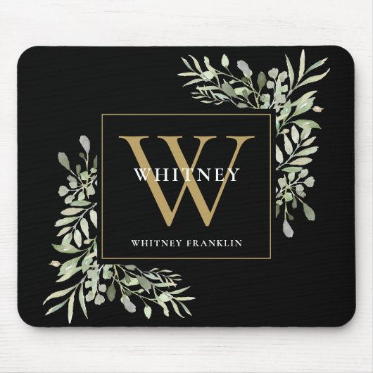 Elegante goud en zwarte monogram groene bloemen muismat (Voorkant)