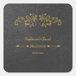 Elegante Goud Folie Bloemrijke Zwarte Bruiloft Vierkante Sticker