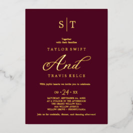 Elegante goud folie | Bourgondische monogram bruil Uitnodiging