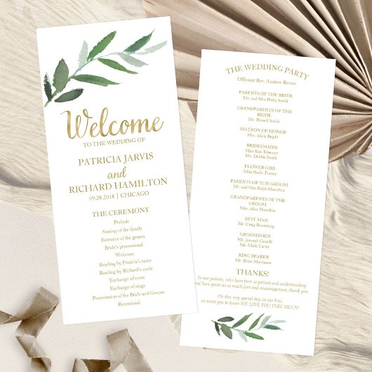 Elegante goud folie groene huwelijksprogramma's programmakaart