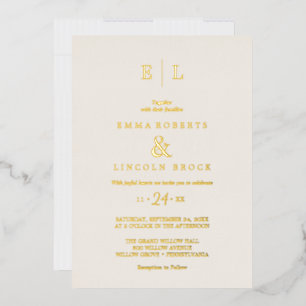 Elegante Goud Folie Ivoor Monogram Huwelijk  Uitnodiging