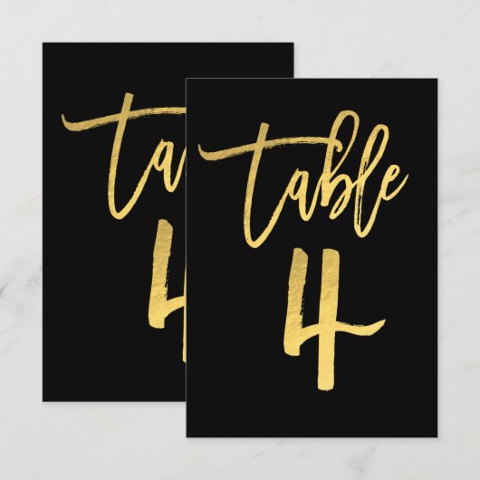 Elegante goud folie moderne script tafel nummer 4 kaart (Voorkant / Achterkant)