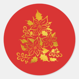 Elegante Goud Folie Poinsettia Kerstboom Ronde Sticker