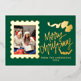 Elegante goud-folie-postzegel vrolijk kerstfeest folie feestdagenkaart