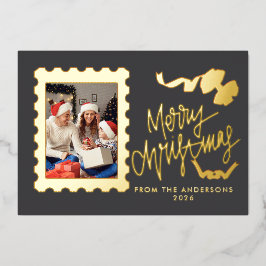 Elegante goud-folie-postzegel vrolijk kerstfeest folie feestdagenkaart