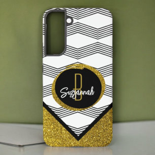 Elegante Goud Glitter Zwart Wit Zigzag Patroon Samsung Galaxy Hoesje