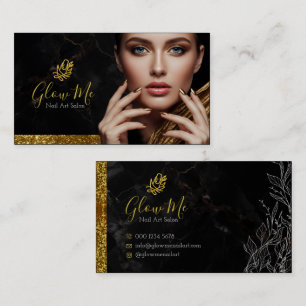 Elegante Goud Glitter & Zwarte Marmer Nagel Kunst Visitekaartje