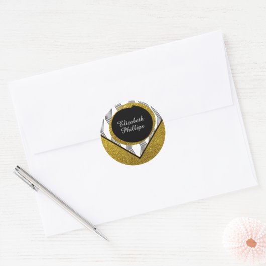 Elegante Goud Glitter ZwartWit Zigzag Patroon Ronde Sticker (Envelop)