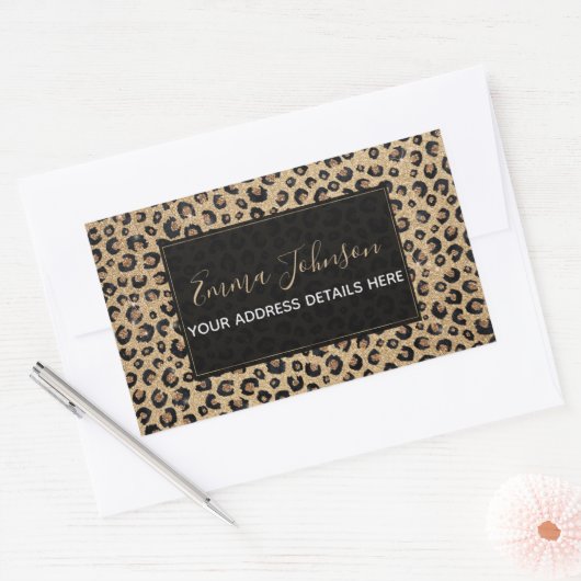 Elegante goud glitters zwart luipaardprint rechthoekige sticker (Envelop)