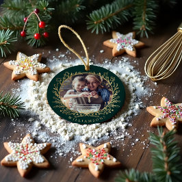 Elegante Goud & Groen familie Bakken Foto Krans Keramisch Ornament