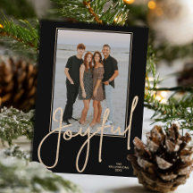 Elegante Goud JOYFUL Script Zwarte Foto Kerstmis