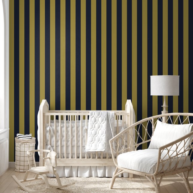 Elegante Goud & Marine Blauwe Verticale Strepen Behang (Kinderen)