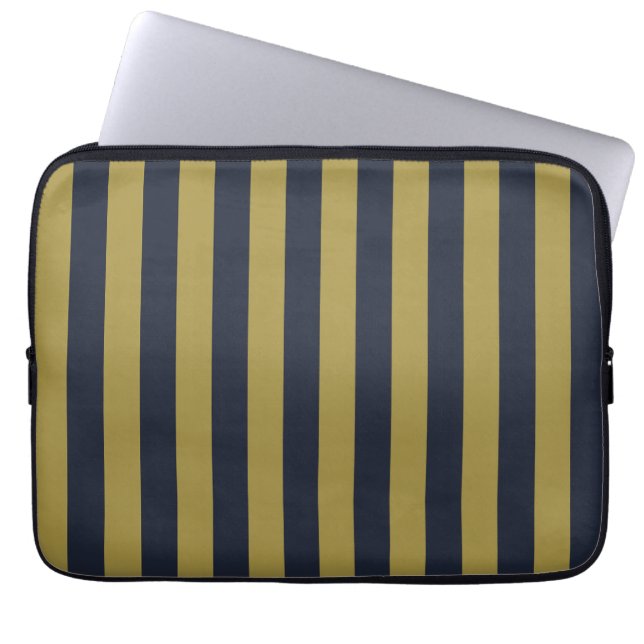 Elegante Goud & Marine Blauwe Verticale Strepen Laptop Sleeve (Voorkant)
