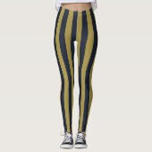 Elegante Goud & Marine Blauwe Verticale Strepen Leggings (Voorkant)