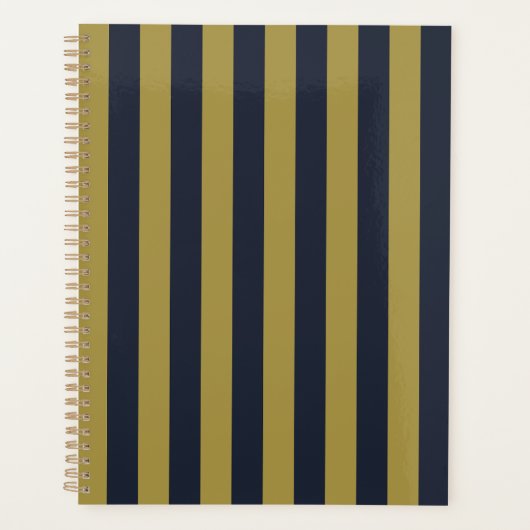 Elegante Goud & Marine Blauwe Verticale Strepen Planner (Voorkant)