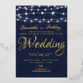 Elegante Goud & Marineblauwe Slingerlichten RSVP B Folie Uitnodiging (Voorkant)