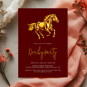 Elegante Goud Maroon Renpaard Derby Feest Kaart