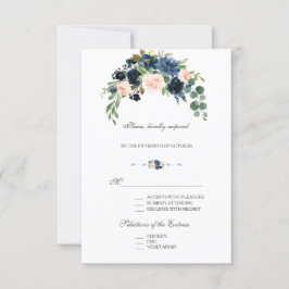 Elegante Goud Navyblauw Blush Bloemen Bloeien RSVP Kaartje