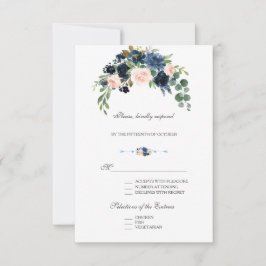 Elegante Goud Navyblauw Blush Bloemen Bloeien RSVP Kaartje