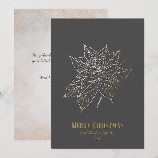 Elegante goud omlijnde poinsettia op donkere achte feestdagenkaart (Voorkant / Achterkant)